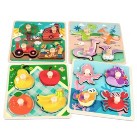 MUNSKT 4 Pcs Wooden Puzzles Jigsaw for 1 Year Old, Baby Montessori Wooden Toys, Infant Kid Fine Motor Skill Learning Educational Toys Gifts For1-3 Age Kids