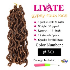 14 Inch Wavy Gypsy Locs Crochet Hair 6 Packs Brwon Goddess Faux Locs Crochet hair African Roots Synthetic Braiding Hair Extensions for Black Women, 30#