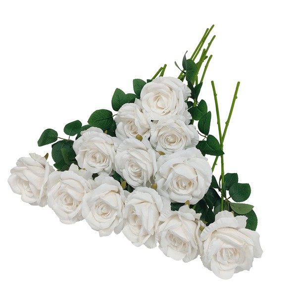 ATFL Withe Roses,12 Pcs White Flowers Real Look,Flower Diameter 4'',Artificial