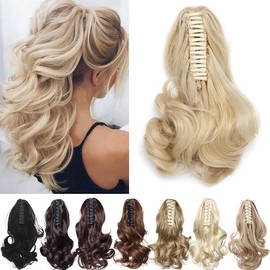 S-noilite Ponytail Extension Claw Curly Jaw Ponytails Hairpiece Short Pony Tail Claw in Hair Extensions Synthetic Fiber for Women 12 Inch Gold Mix Bleach Blonde