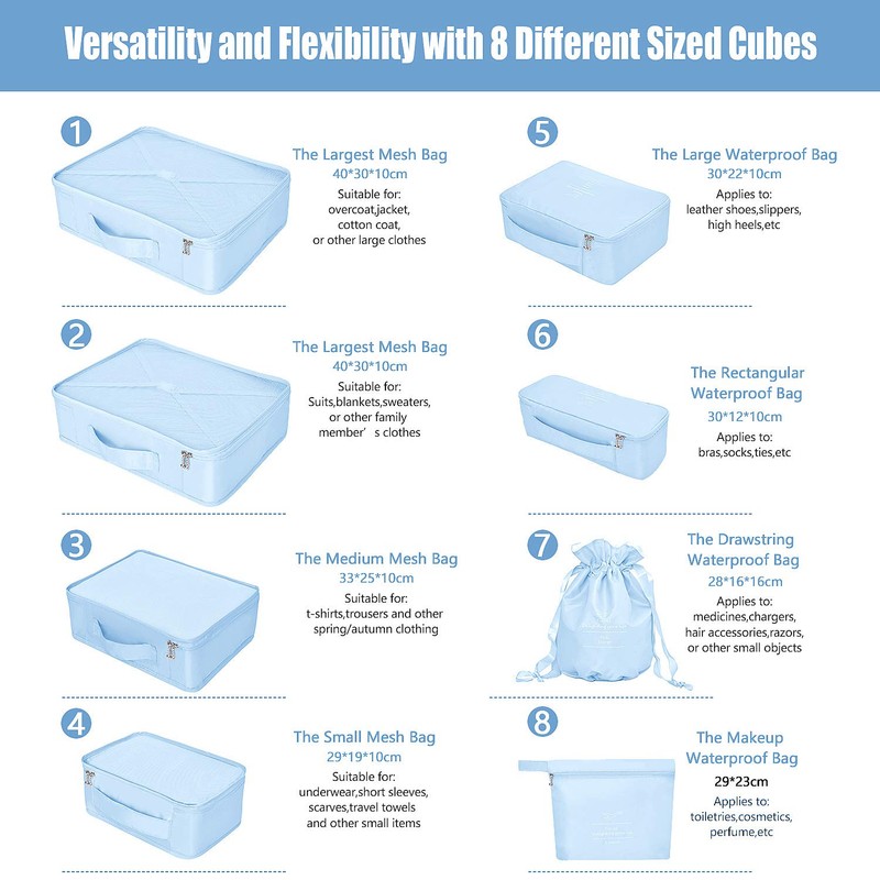 BETLLEMORY Packing Cubes 8 Sets Travel Luggage Organizers with Waterproof