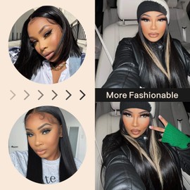 BrownBomb Skunk Stripe Wig Lace Front Wig Pre Plucked Ready to Wear, HD Glueless 13X5X1 Synthetic Lace Front Wigs for Women 180 Density 26inch, Black and Blonde Wig Skunk Stripe Effortless Chic