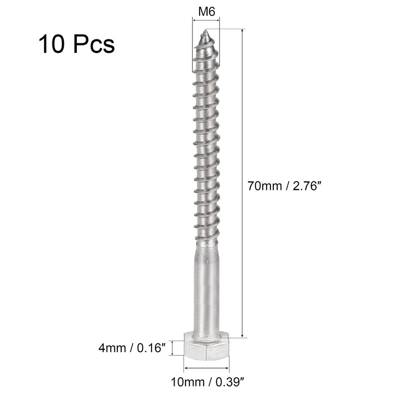 sourcing map Hex Lag Screws, M6 x 70mm 304 Stainless