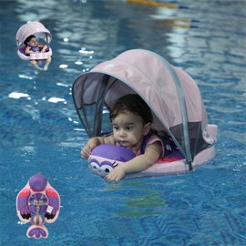 Mambo Baby Float with Canopy &Tail, Non-Inflatable Baby Pool Float for Pool Add Tail Avoid Flip Swim Trainer Infant Swim Floats for Toddler Boys Girls(B53041WK0011-BP11)