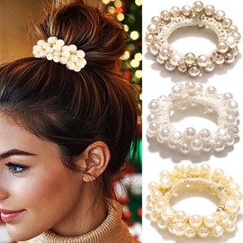 Reaky Pearl Hair Ties Beige Beaded Ponytail Holder 3 Pcs Elastic Hair Bands Hair Accessories for Women (Champagne)