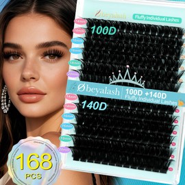 Thick Cluster Lashes D Curl 100D+140D 168pcs Volume Eyelash Individuals 14-20mm Fluffy Individual Lashes DIY Eyelash Extensions by Obeyalash (100D+140D D Curl 14-20mm)