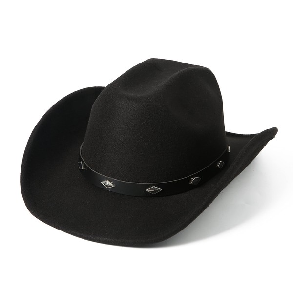 Lanzom Women Men Classic Felt Wide Brim Western Cowboy Hat Cowgirl Hat with Buckle(Black,Medium)