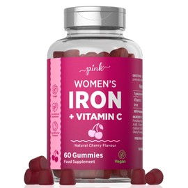 Iron Gummies for Women | Iron Supplement with Vitamin C | High Strength 14mg Iron | Natural Cherry Flavour | Vegan, No Artificial Sweetner & Flavours | 60 Gummies | PINK