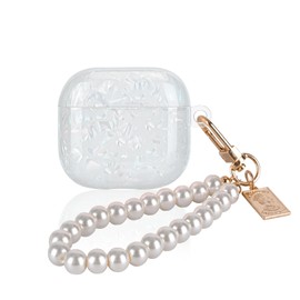 Glitter Case Compatible for AirPods 4th Generation (2024) with Pearl Bracelet Keychain,Sparkle Bling Pretty Cute Shell TPU Shockproof Protective Skin Cover for Airpods 4 for Women -White