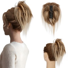 Elailite Tousled Updo Messy Bun Hair Piece Short Ponytail Extension Claw Clip Real Human Hair For Women Donuts Chignon - Mix #4/27 Medium Brown & Dark Blonde