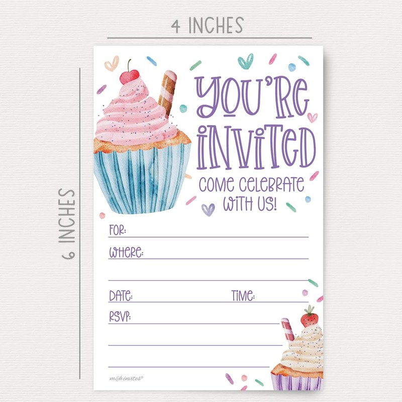 Cupcake Invitations Birthday (20 Count With Envelopes) - Watercolor Cupcakes