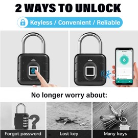 Fingerprint Padlock - Fingerprint Lock with App, Combination Locks Gym Locker Lock with Keyless Biometric, Outdoor Smart Padlock Waterproof Suitable for Locker Gates Fence Storage Pool Shed (Black)