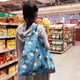 FenFang Large Foldable Shopping Bag, Fabric, Reusable, Reusable Bag, Environmentally Friendly, Foldable Bag, Lightweight, Quick-Drying for Shopping, Travel, Trip, 56 x 67 cm, Blue cat