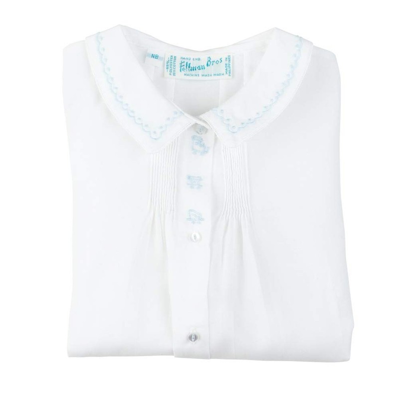 Feltman Brothers Baby Boy White Train Daygown with Blue Embroidery