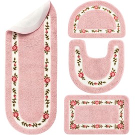Timgle 4 Pcs Rose Flowers Coquette Bathroom Rugs Set Coquette Doom Decor Rose Flower Area Rugs Non Slip Absorbent Washable Door Mat Floral Bathroom Carpet for Home Hotel, 4 Shapes(Pink)