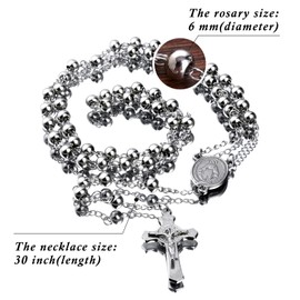30" Stainless Steel Rosary Beads Necklace 6mm Silver Color with Jesus Christ Crucifix Cross
