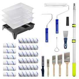 27 PCS Paint Roller Kit with Extension Pole, 4" & 9" Paint Rollers, Professional Paint Brushes for Walls Set, House Painting Supplies, Non-Slip Tray for All Latex and Oil Paints & Stains