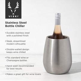 Viski Wine Chiller, Double Walled Insulated Wine Bottle Holder, Single Bottle Wine Chiller, Stainless Steel