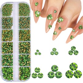 1 Box 12Grids Nail Art Sharp Bottomed Rhinestones 1660Pcs Nail Gems Light Green Charms Gem Stones, with Storage Organizer Box/Size(1.6mm-4.6mm) for Nail Art Craft