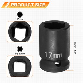 HARFINGTON 2pcs 6 Point Impact Socket 17mm Metric Socket 1/2" Square Drive 1.5" (38mm) Long Phosphated Cr-Mo Steel Spindle Axle Hex Nut Sockets, Black