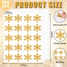 JarThenaAMCS 500Pcs Winter Envelope Seal Sticker Glitter Snowflake Paper Sticker Christmas Gold Self-Adhesive Label Decal for Xmas Greeting Card Sealing Craft Supplies Wrapping Decoration