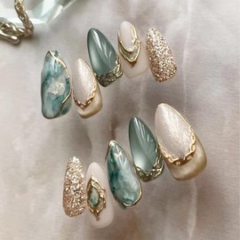 24pcs Almond Press on Nails Medium Fake Nails with 3D Gold Stripe Glitter Designs Glue on Nails Gold False Nails Kit Full Cover Stick on Nails for Women Nail Decoration