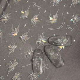 1 Sheet Shell Light Flower Nail Sticker with Rhinestone Design, White Line Nail Decals, 5D Embossed Self-Adhesive Nail Design Stickers for Women Daily DIY Manicure Decoration Supplies