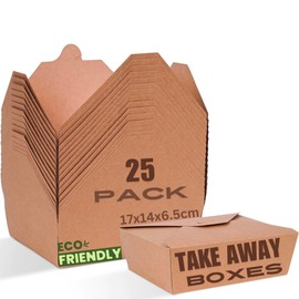 HURUC Kraft Paper Takeaway Boxes – 100% Compostable, Eco-Friendly Food Containers for Takeout & Meal Prep, Disposable and Recyclable Packaging for Restaurants & Cafes (Pack of 25-1420ml)
