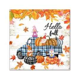 Hello Fall Gnome Pumpkin Plaid Truck Wooden Signs Maple Leaves Plaque Farm Harvest Vintage Wood Home Wall Decoration for Bedroom Living Room Shelf Kitchen Home Housewarming Gift 12x12in