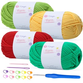 Renyiz 4-Pack 100g Chunky Cotton Crochet Yarn with 4mm Hook, Soft Non-Split Thick Yarn for Amigurumi DIY Gifts, Home Decor, Beginner Projects (Green+Yellow+Red+Green)