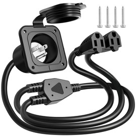 15 AMP Flanged Power Inlet 125V with Dual Extension Cords, NEMA 5-15P Plug 5-15R Female Outlet, Shore Male Receptacle ETL Listed AC Port for RV Camper Generator Shed Motorhome Van