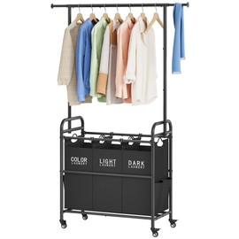 Tajsoon Laundry Sorter Cart with Hanging Rack, Laundry Sorter 3 Section, Laundry Hamper with Heavy Duty Rolling Lockable Wheels, Black