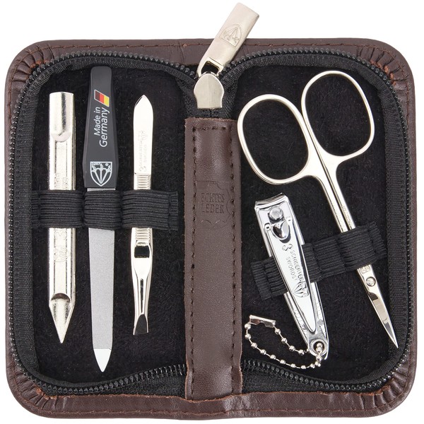 3 Swords Germany - brand quality 5 piece manicure pedicure grooming kit set for professional finger & toe nail care scissors clipper genuine leather case in gift box, Made in Solingen Germany (03638)