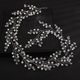 Rumtock Wedding Bridal Vintage Pearl Headpiece Silver Hair Vine Long Hair Piece for Hair Styling Women Girls Hair Jewelry (Silver)