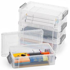 Winter Shore Stackable Plastic Storage Pens (Pack of 4) - Pen Box Storage for School - Case Pens & Markers - Small Pen Storage with Lid - Box for Pens & Office Supplies