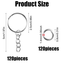 Pack of 120 Key Rings with Chain, 25 mm Key Ring with Open Ring, DIY Other Pendant Key Rings, Homemade Pendant Key Ring for Keys, Jewellery Making, Crafts