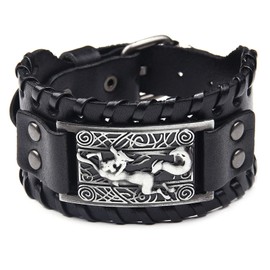 Thajaling Black Leather Bracelet Antique Silver Viking Fox Celtic Knot Irish Cuff Wide Leather Bracelets Punk Style Wristband Bangle Bracelets