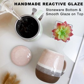 YumKubis 13.5 OZ Reactive Glaze Tea Mugs with Infuser and Lid, Loose Leaf Tea Infuser Cup, Ceramic Steeping Tea Cup with Filter for Single, Microwave & Dishwasher Safe, Pink