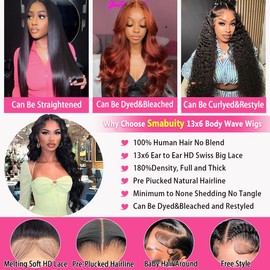 Smabuity 30 Inch 13X6 Body Wave Lace Front Wigs Human Hair Pre Plucked HD Lace Frontal Wig Human Hair 180% Density Glueless Wigs for Women Natural Color