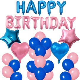 Pink and Blue Party Decorations Happy Birthday Balloons Banner Movie Theme Party Decorations Set Latex Balloons for Girls Women Birthday Party (Pink Blue)