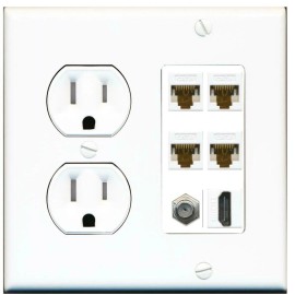 Wallplate City 4 Port CAT6 Ethernet Coax 1 HD Wall Plate + TAMPER Resistant Power Outlet