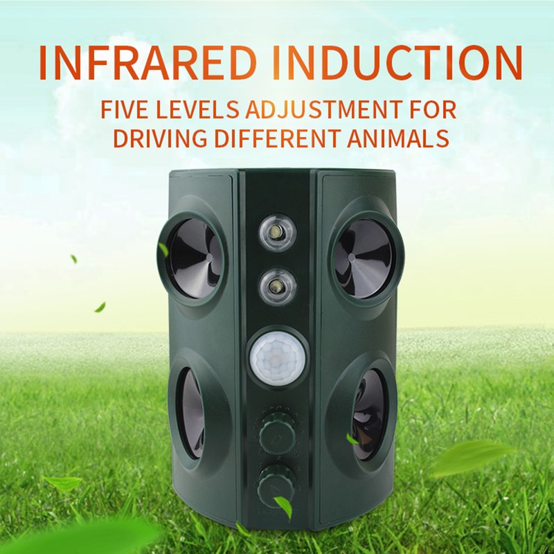 Solar Ultrasonic Animal Pest Repeller Outdoor Four Speakers Mechanical Wave