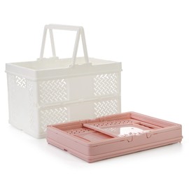 Spesh 2 Pcs Collapsible Storage Crates 24cm*18cm Mini Foldable Shopping Baskets with Handles Small Plastic Crates for Picnic,Shopping,Camping(White+Pink)