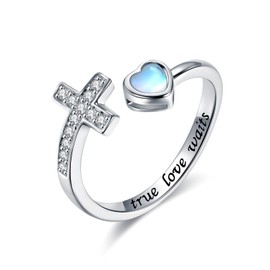 Mic Tai 925 Sterling Silver Cross Purity Ring - Christian Religious Adjustable Ring Jewelry Gifts for Women (Moonstone-True Love Wait)