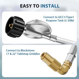 6 Feet Propane Regulator and Hose for Blackstone 17 & 22 Inch Tabletop Griddle, Connect to 5-20 LB Propane Tank, Stainless Steel