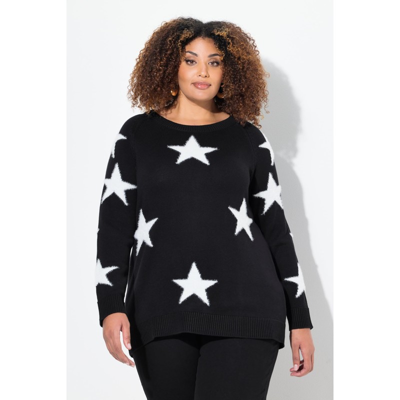 Ulla Popken Women's Glitter Stars Round Neck Raglan Long Sleeve