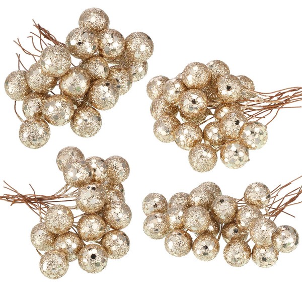 BBTO Artificial Holly Berries, 100 Pieces Mini 10 mm Fake Berries Decor on Wire for Christmas Tree Decorations Flower Wreath DIY Craft Use (Sequined Champagne Gold)
