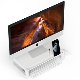 LOFTORY Monitor Stand Riser with Phone & Tablet Slot, 15.7" Steel Desktop Organizer with Cable Hole, Easy No-Screw Assembly, Non-Slip Pads, Storage Space for Keyboard, Laptop, Printer – White