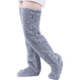 XACKWUERO Plush Slipper Stockings Fur Long Leg Warmers for Women Men Over Knee High Fuzzy Socks Winter Home Sleeping Socks, lightgrey