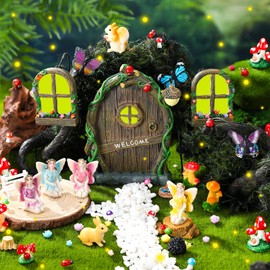 Thyle 47 Pcs Fairy House Garden Accessories Kit Fairy Village Door and Window Mushroom Set Glow in Dark Outdoor Sculpture Decoration for DIY Room Wall and Tree Outdoor Miniature Garden Accessories